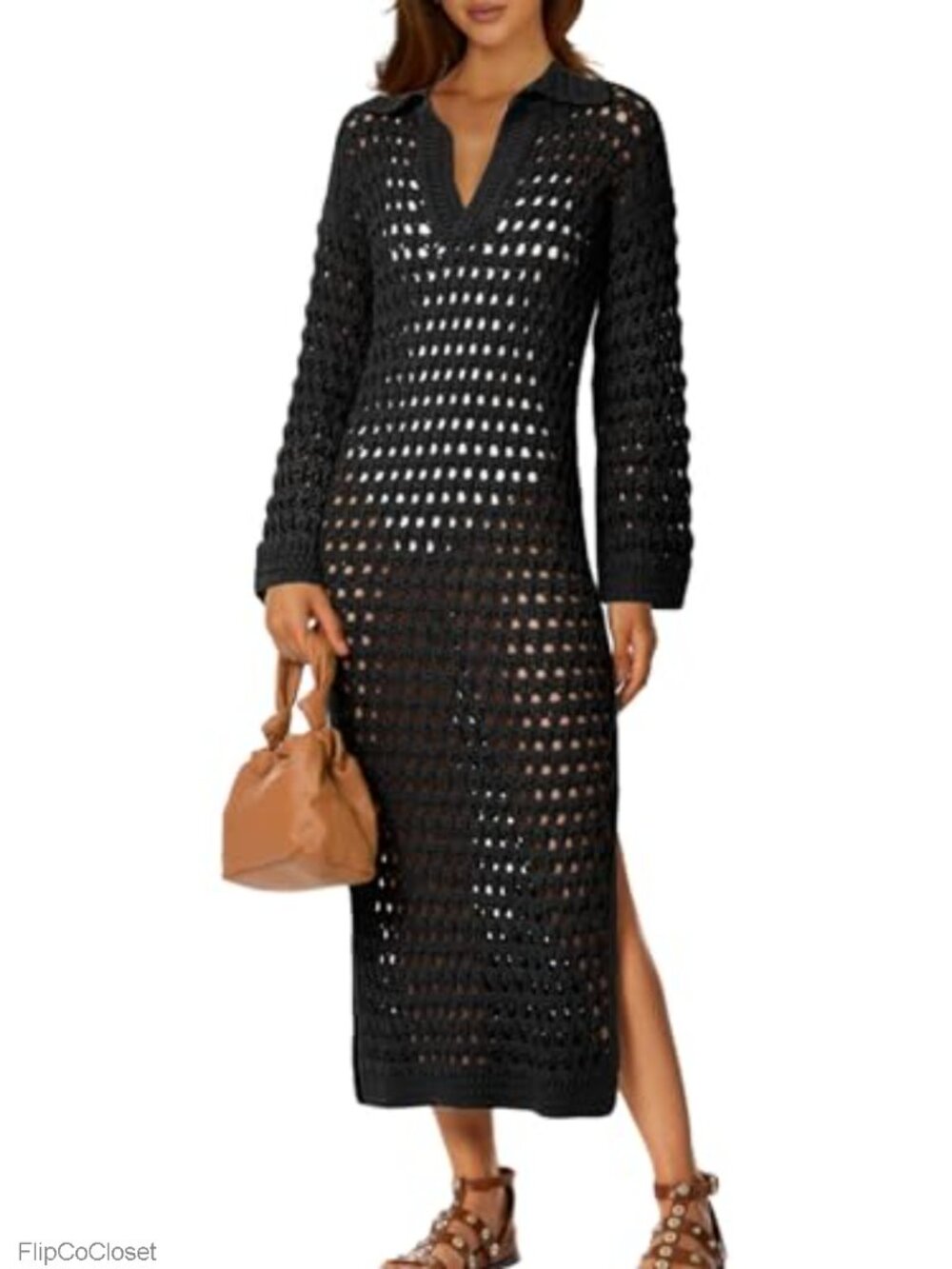 Crochet Swimsuit Cover Up V Neck Collared Long Sleeve Mesh Knit Maxi Beach Dress